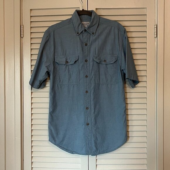 Carhartt Men's Relaxed Fit Midweight Chambray Short-Sleeve Shirt small blue - Picture 2 of 8